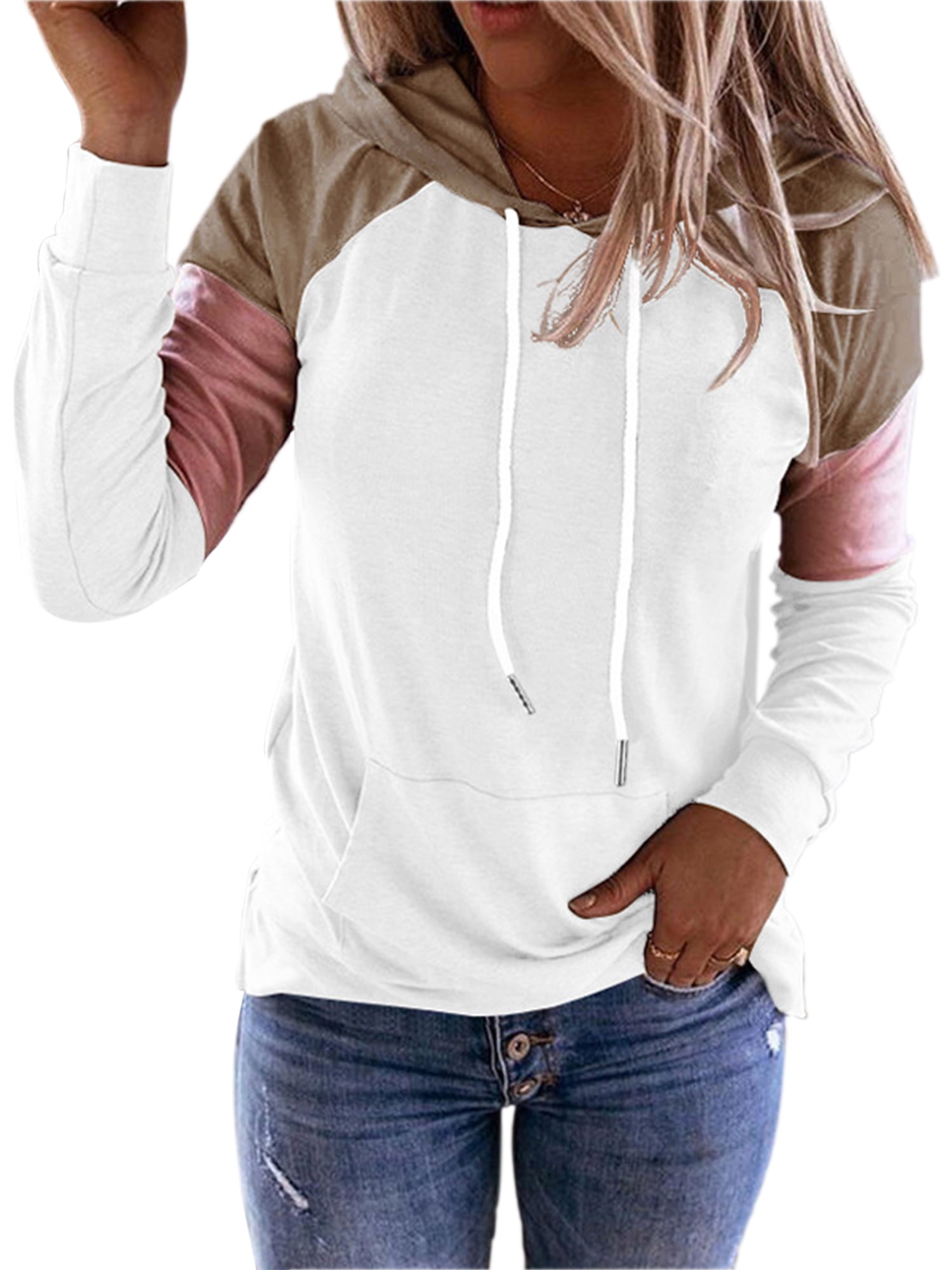 Ladies Long Sleeve Plus Size Hoodies Casual Colorblock Sweatshirt Patchwork Tops Womens Pullover 