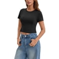 thumbnail image 4 of INSPIRE CHIC Womens Summer Basic Tees Crop Tops Short Sleeve Seamed Crewneck Tight Tops Workout Y2k T Shirts XL Black, 4 of 5