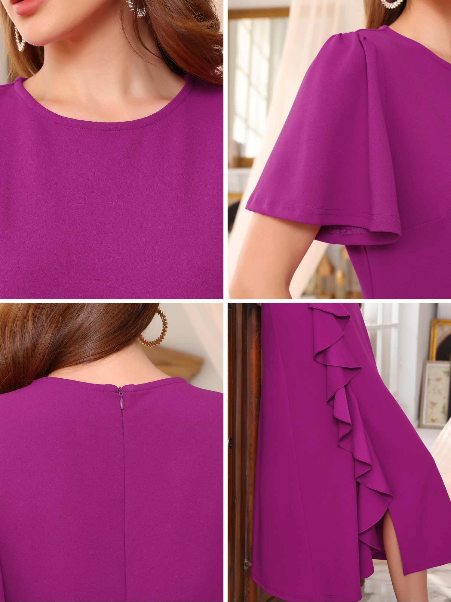 DARING DIVA Women's Ruffle Crew Neck Short Sleeve Formal Cocktail Dress S Purple
