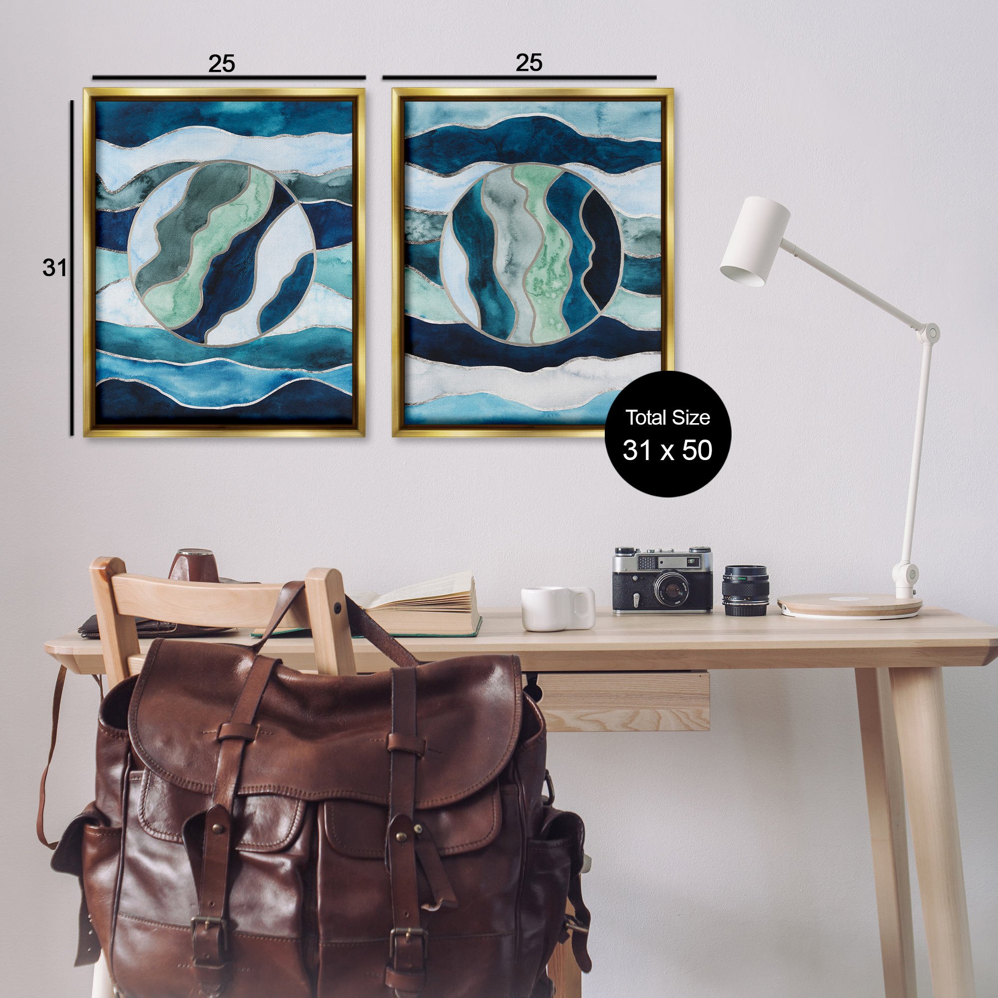 Stupell Industries Nautical Stained Glass Style Abstract Abstract Painting Gold Floater Framed Canvas Art Print Wall Art, 31 x 25, Set of 2