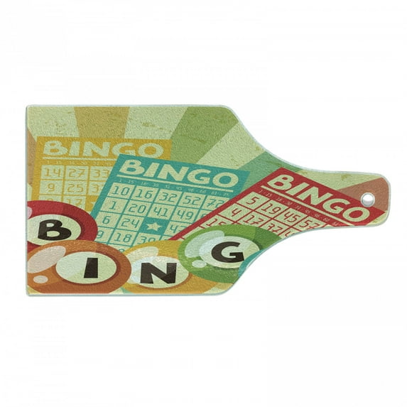 Vintage Cutting Board, Bingo Game with Ball and Cards Pop Art Lottery Hobby Celebration Theme, Decorative Tempered Glass Cutting and Serving Board, Wine Bottle Shape, Multicolor, by Ambesonne