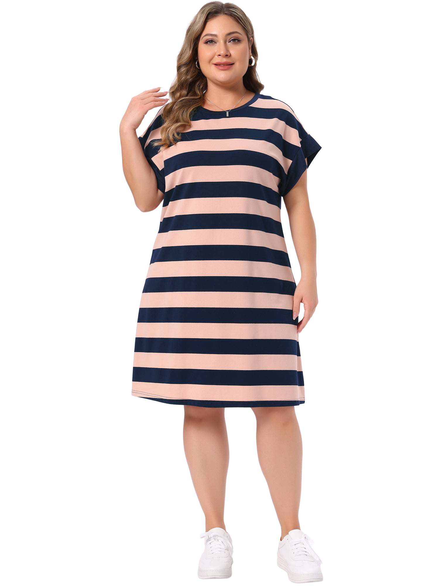 DARING DIVA Women's Plus Size Tunic Short Sleeve Striped Casual t Shirt Dress 1X Pink