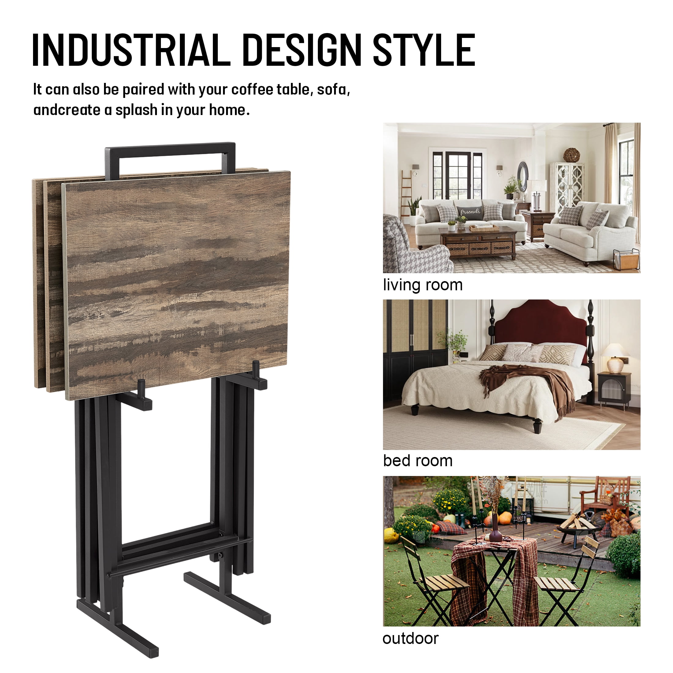 Aukfa TV Tray Table Set of 4, Folding Table, Industrial Side Table for Small Spaces, Space-Saving, Rustic Brown