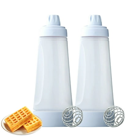 VEGCOO 2-Pack Batter Dispenser Bottles - 1000ml (34oz) Pancake Batter Mixer with Measurement Marks, Non-Slip Base & 316 Stainless Steel Whisk Ball, Easy Squeeze Baking Tools for Waffles, Cupcakes