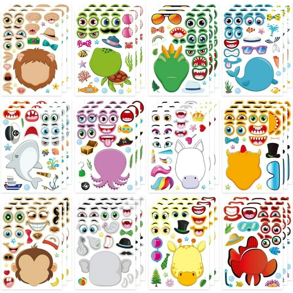 36 PCS Make a face Stickers for Kids , Mixed & Matched with 12 Designed(3 of Each) Stickers, Make Your Own Stickers Farm and Animals for Kids Teen Party Decoration, Reward, Decor