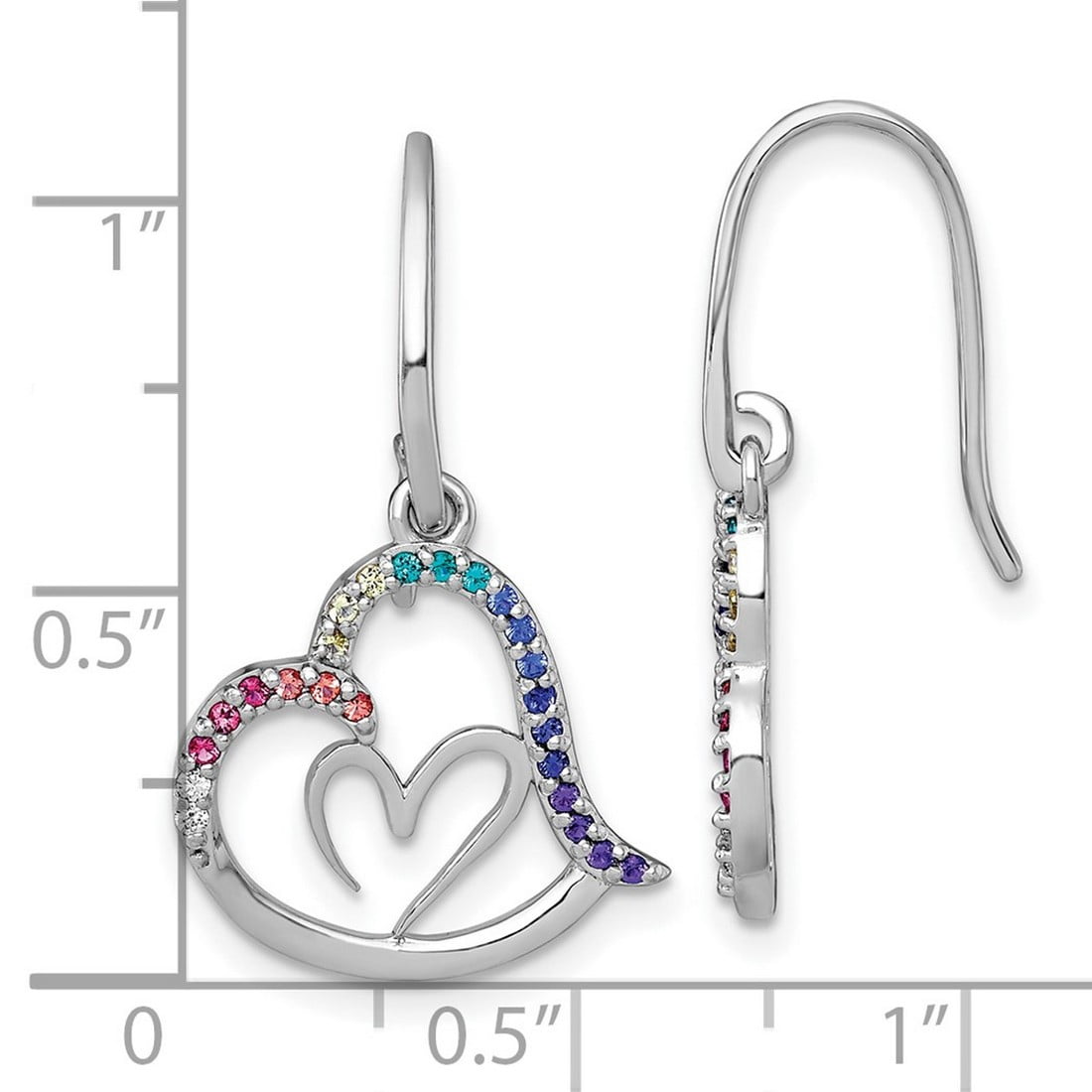 Ss Rhodium Platedmulti Color Nano Crystal Love Heart Dangle Shepherd Hook Earrings 28.5x14.1mm Wide Dangle Earring for W