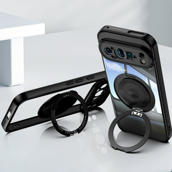 Allytechgroup Google Pixel 9 Clear Case with Tempered Glass Camera Lens Protector, Military Grade Shockproof Kickstand Bumper Anti-Scratch Anti-Yellow Back Cover Case for Google Pixel 9, Black