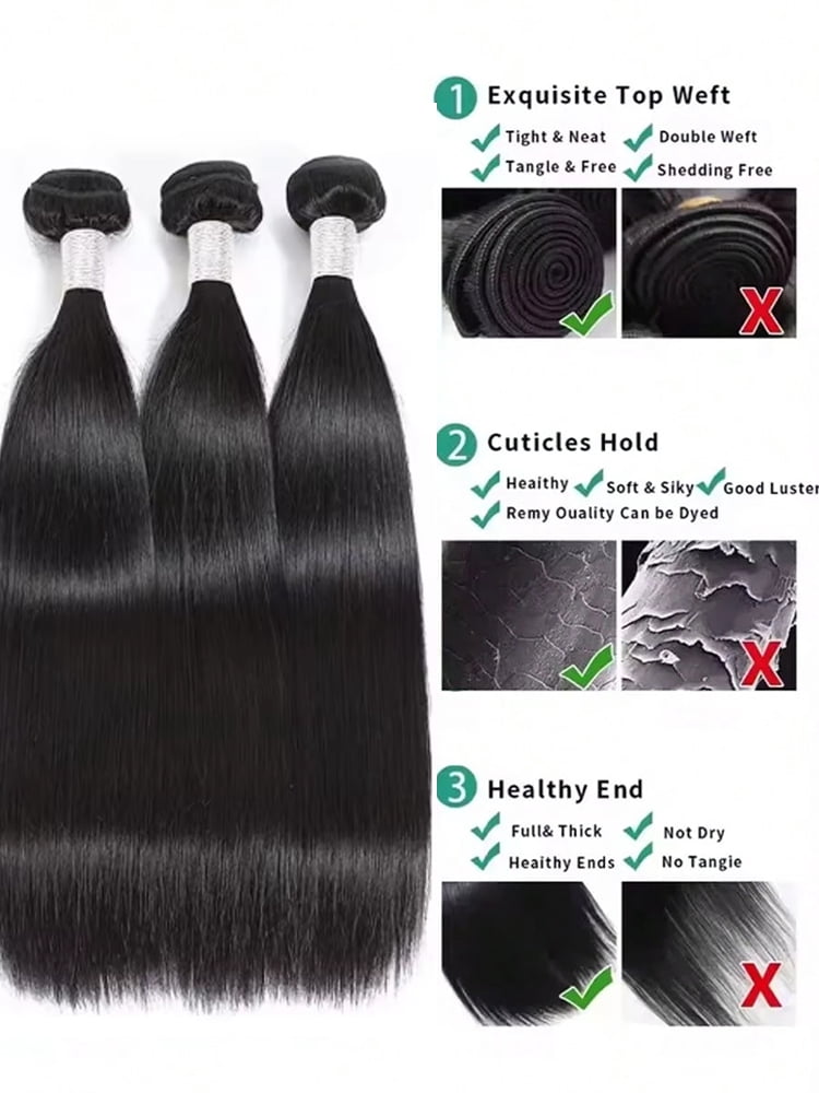 Stackable Real Human Hair 36 Bone Straight Raw Hair Human Hair Bundles Extensions 3 4 Bundle Brazilian Remy Weave Bundles 40 Inch, Black | Typpkmm