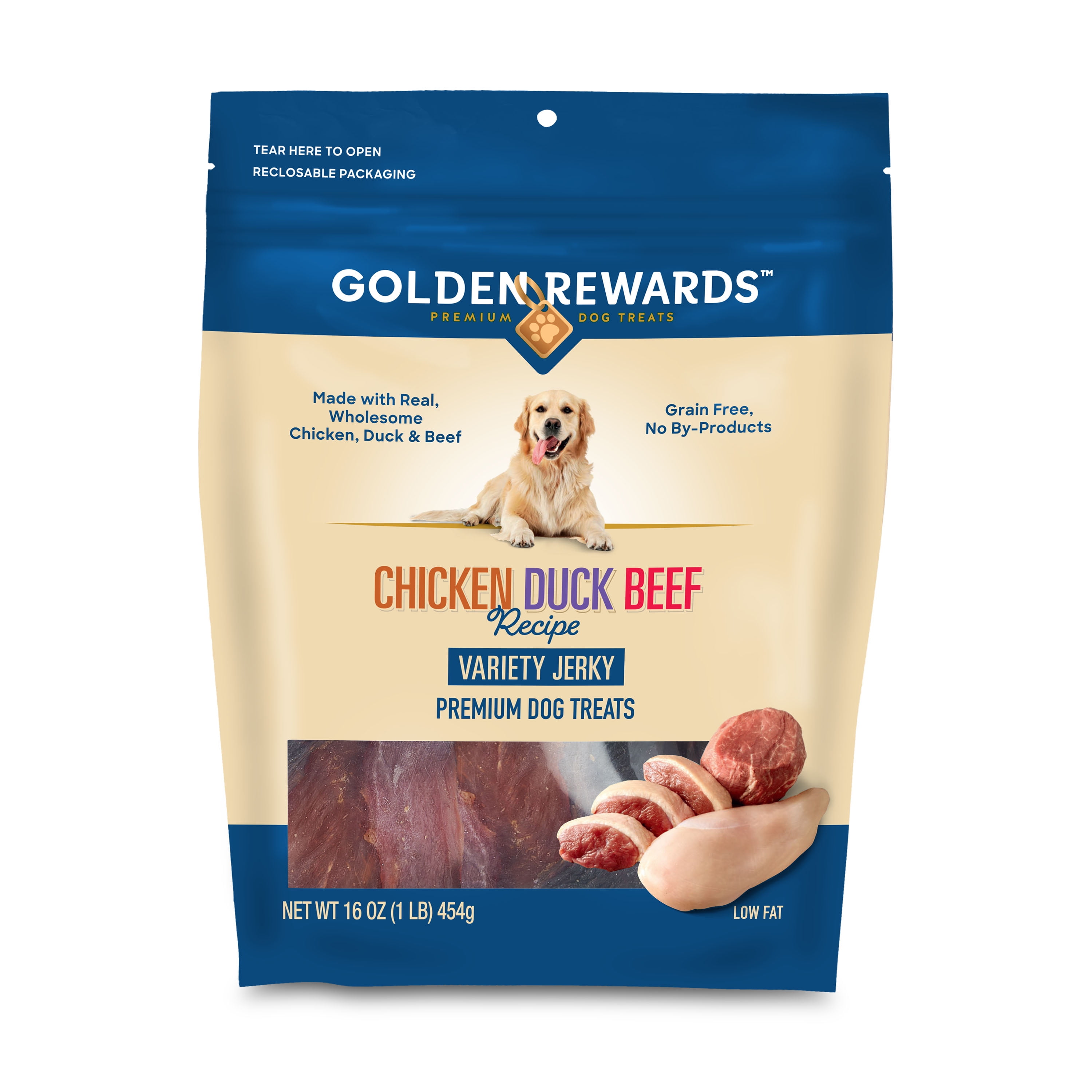 Golden Rewards Chicken, Duck, and Beef Recipe Variety Flavor Dry Jerky Treats for All Dogs, 16 oz