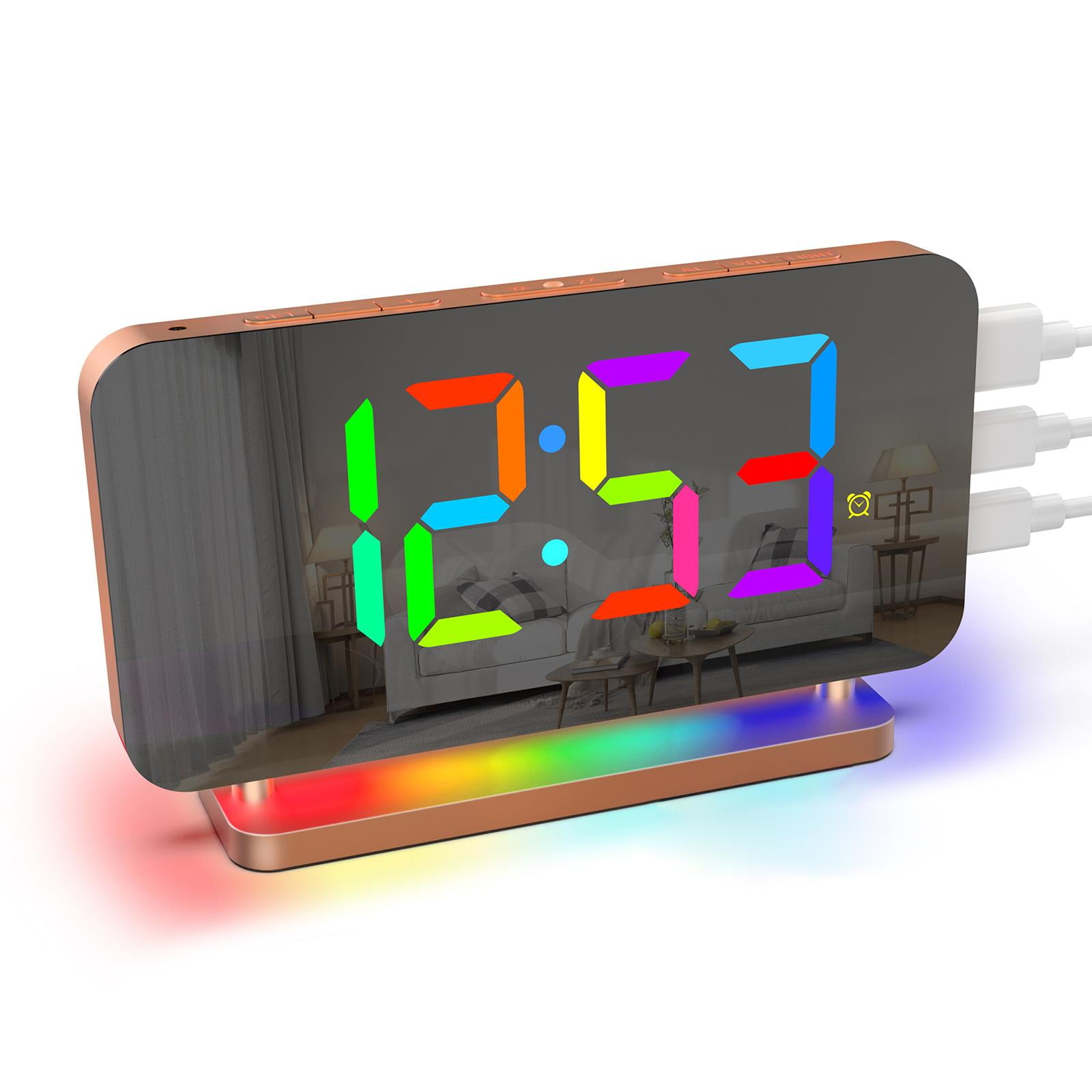 deevoka LED Digital Alarm Clock Bedroom Electronic Desk Clock RGB Color Modes Mirror Display for Home Living Room Tabletop Decoration Rose Gold