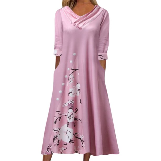 Moda Mujer Verano Impresión Causal V-Cuello 1/2 Manga Vacaciones Bolsillos Botón Vestido Fridja bnh3347