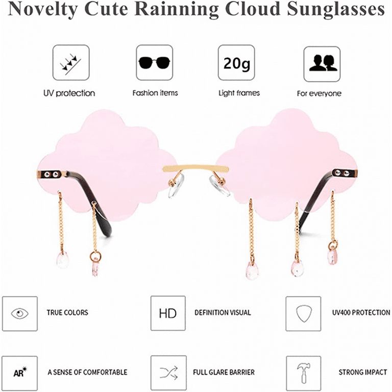AVEKI Retro Rimless Sunglasses for Women Men Vintage Metal Frameless Cloud  Glasses Raining Crystal Pendant UV400 Protection, Pink 