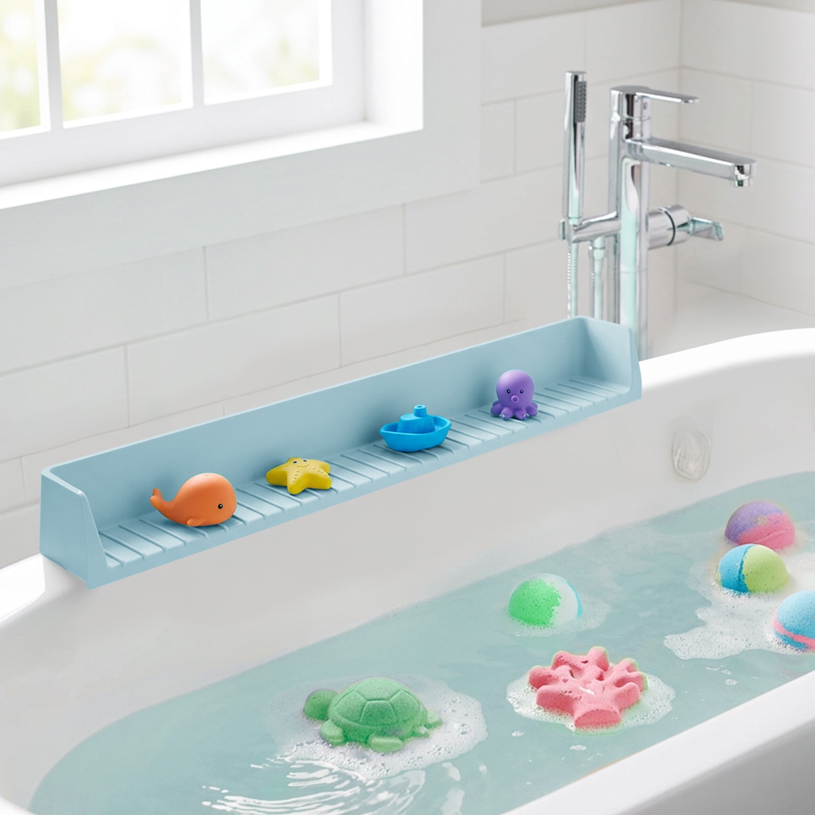 Ikoopy Splash Guard for Bathtub Kids Silicone Bathtub Sky Blue Splash Guard with Suction Cups Bath Tub Play Shelf for Kids and Toy Holder Avoid Water Spill in Bathroom Fun Bath Time for Toddler Baby