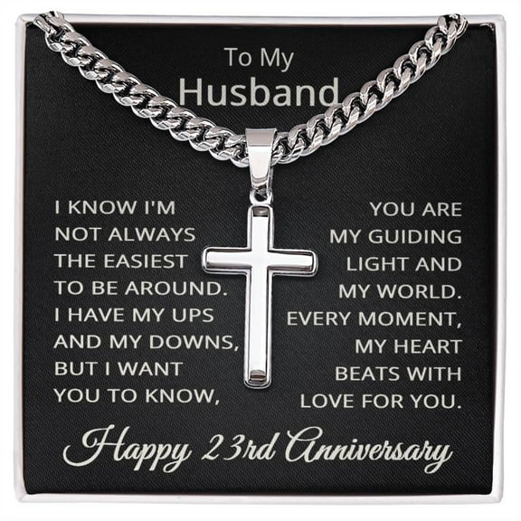 23rd Anniversary Necklace for Husband 23 Years Anniversary Jewelry for Him Men Cuban Link Chain with Cross Pendant