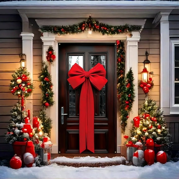 KeirineCC Christmas Door Cover Golden Bells Red Bow Hanging Banner Decorations Photography Background Red Gold Christmas Banner Xmas New Year Party Decor 71x35 Inch(Banner #C,Not a Real Wreath)