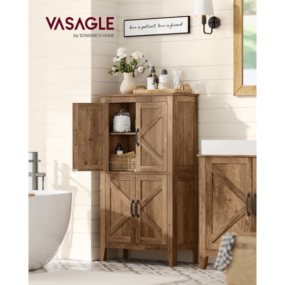 LIRY Collection - Farmhouse Storage Cabinet, Bathroom Floor Cabinet with Barn Doors, Freestanding Kitchen Pantry, Adjustable Shelves, for Dining Room, Living Room, Honey Brown, UBBK773K01