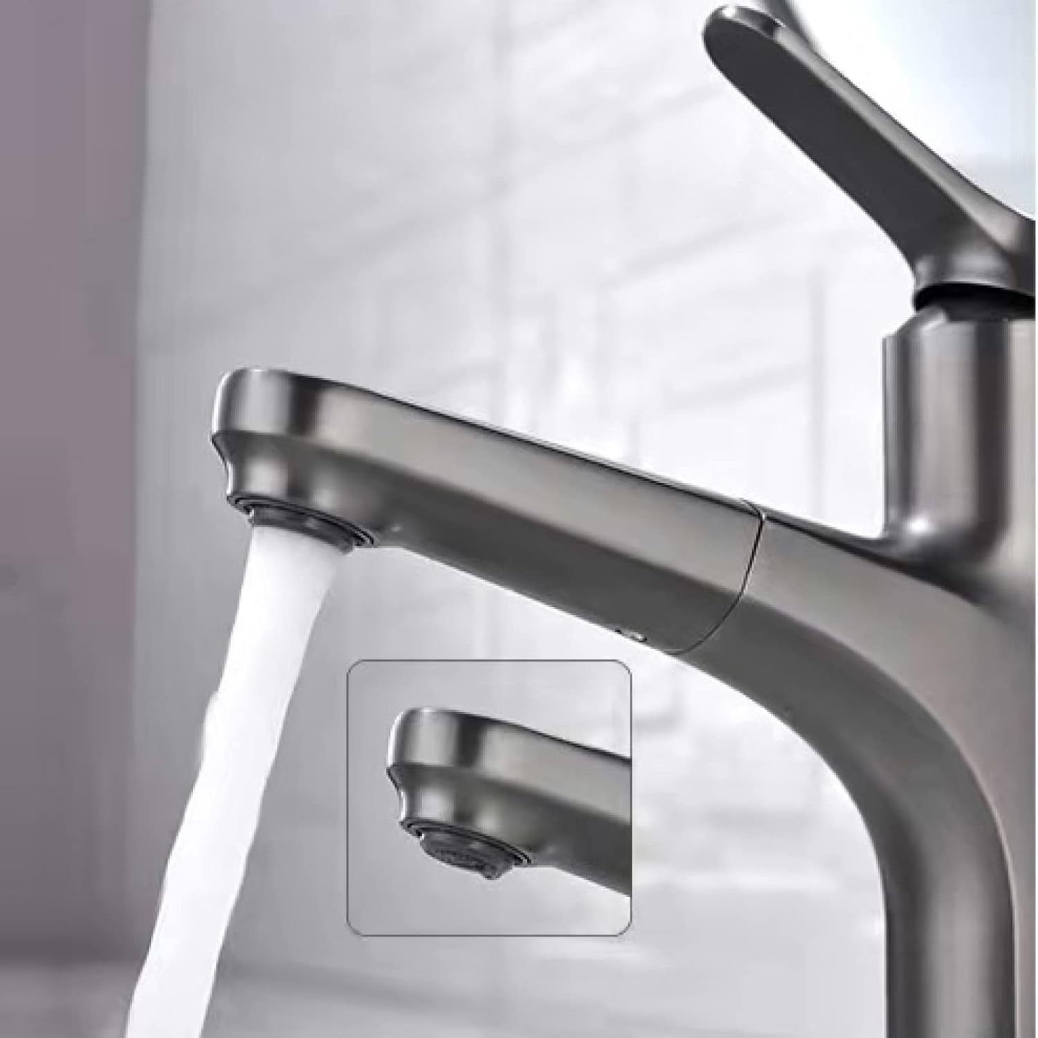 Bathroom Sink Faucet with Sprayer Retractable Sink Faucet Bathroom Single Hole Hot and Cold Water Mixer Tap Single Handle 360° Rotatable Multi-Function, Bathroom Pull Down Sink Faucet,Gun Grey