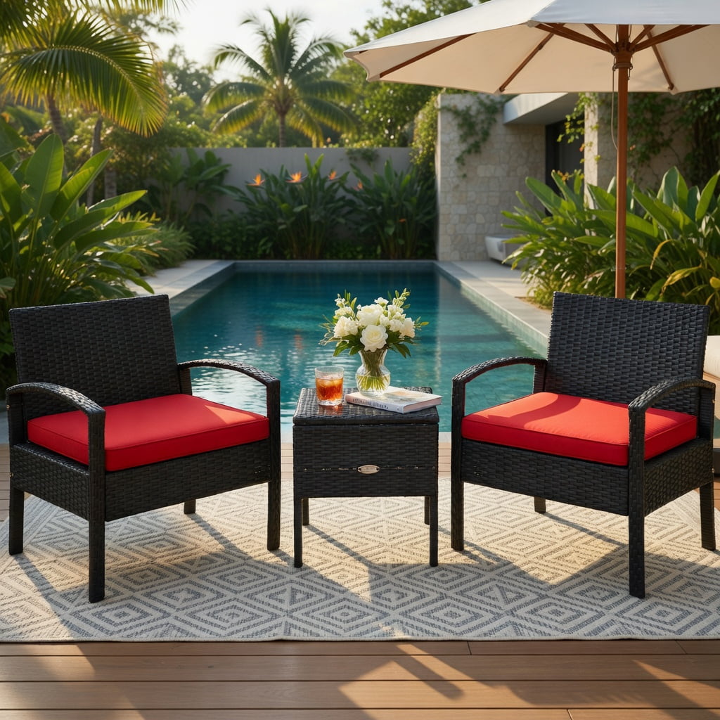 Hommoo 3-Piece Outdoor PE Rattan Patio Sofa Set with Washable Removable Cushions, for Backyard, Balcony, Poolside, Red