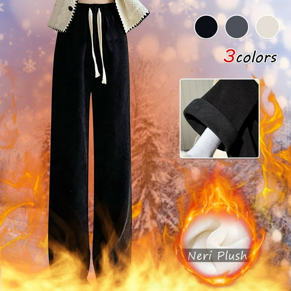 Lovskoo Fleece Lined Pants Women Wide Leg Pants with Drawstring High Waist Straight Leg Loose Fitting Casual Knitted Pants Beige