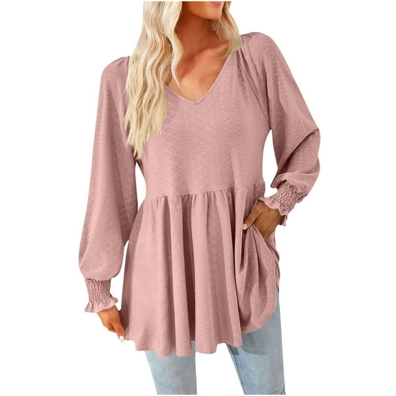 Ltctricy Women's Babydoll Tunic Tops Ruffle Lantern Long Sleeve V Neck Eyelet Embroidered Casual T Shirts Ruffle Peplum Blouses(Pink,XX-Large)