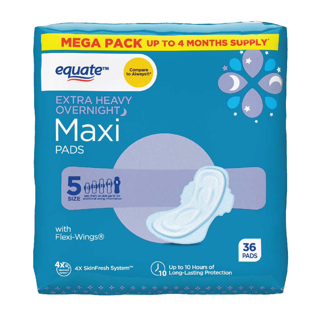 Equate Maxi Pads with Wings, Unscented, Extra Heavy Overnight, Size 5 ...