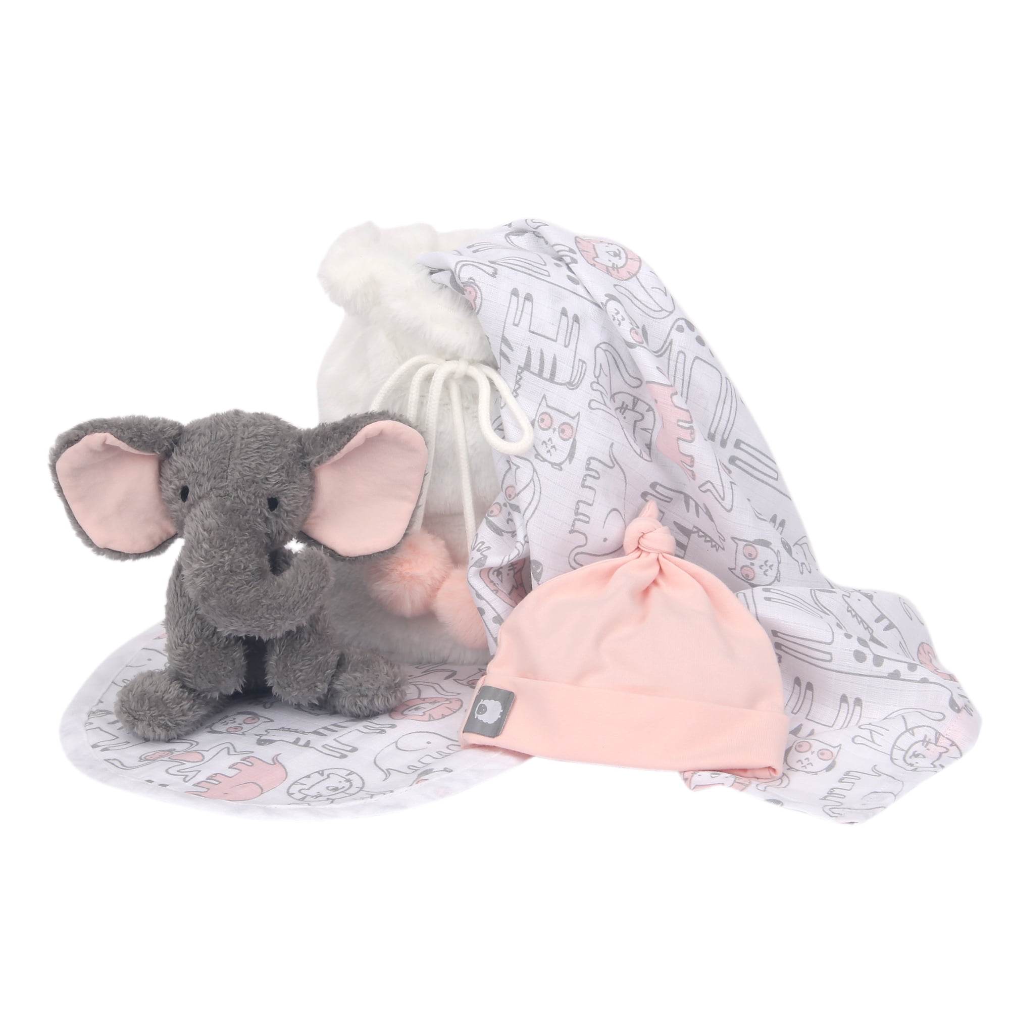 Lambs & Ivy 5 Piece Pink/Gray Plush Infant/Newborn Baby Gift Bag w/ Swaddle