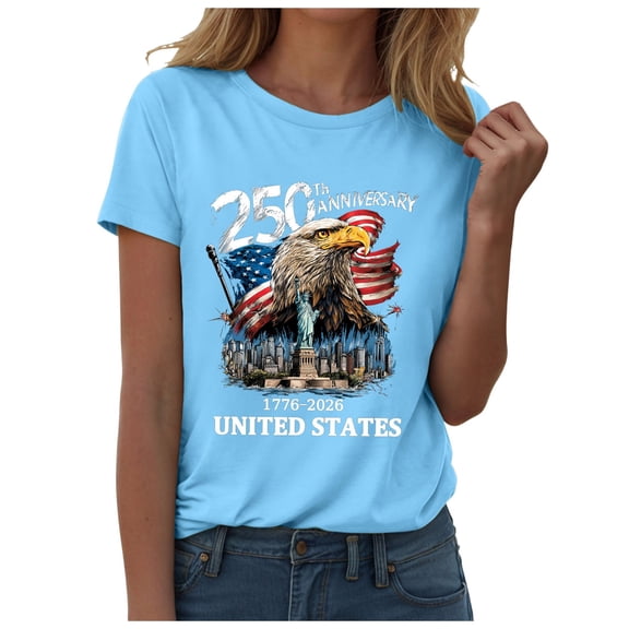 felwors 250 Anniversary USA Shirt for Women 250 Years American Flag Statue of Liberty 250th Anniversary USA Tshirts Patriotic T Shirt (Sky Blue, S)