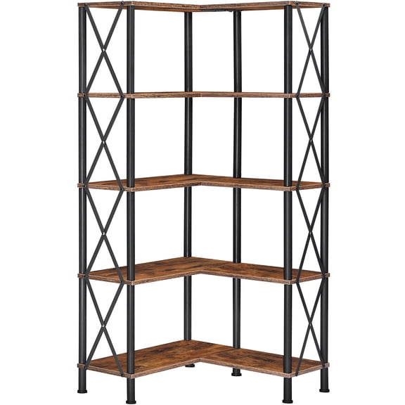 HOOBRO Industrial 5-Tier L-Shaped Bookshelf, Rustic Brown and Black