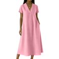 thumbnail image 3 of Laqbezok Women's Casual V-Neck Long Dress, Short Sleeve Solid Color Loose A-Line Gown, Soft Breathable Summer Dress with Side Pockets, 3 of 8