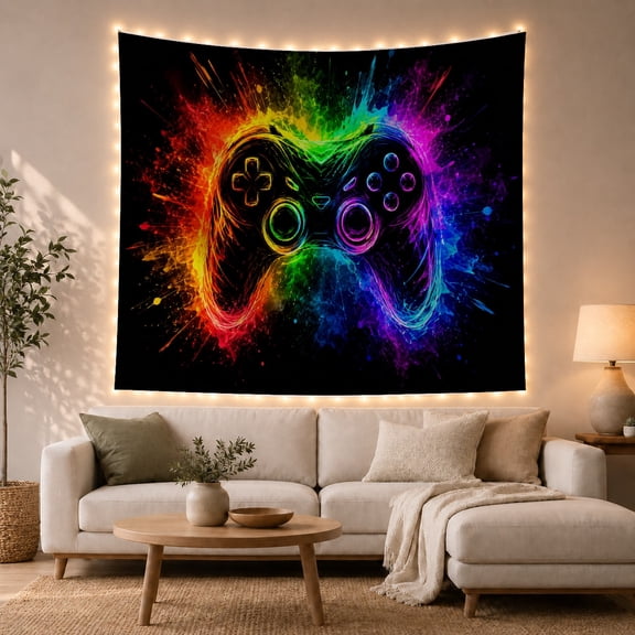 Stylized Game Controller with Cosmic Burst, Energetic Celestial for Gamers, Neon Galaxy Gaming Wall Art, Birthday Gift, Tapestry Wall Hanging for Bedroom and Dorm