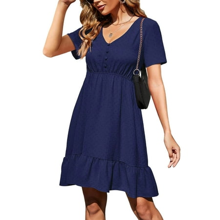 

Summer Dresses For Women Fashion Casual V Neck Solid Button Chiffon Corset Slim Ruffle Short Sleeve Dress