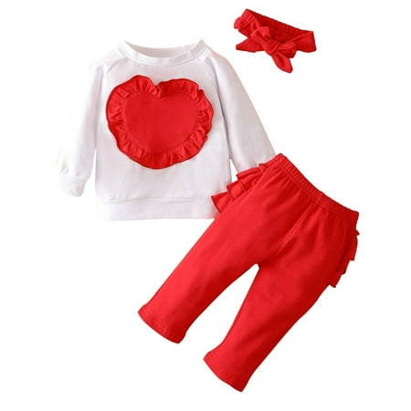 

Baby Girls Boys Cotton Print Autumn Ruffle Heart Long Sleeve Pants Headbands Set Clothes