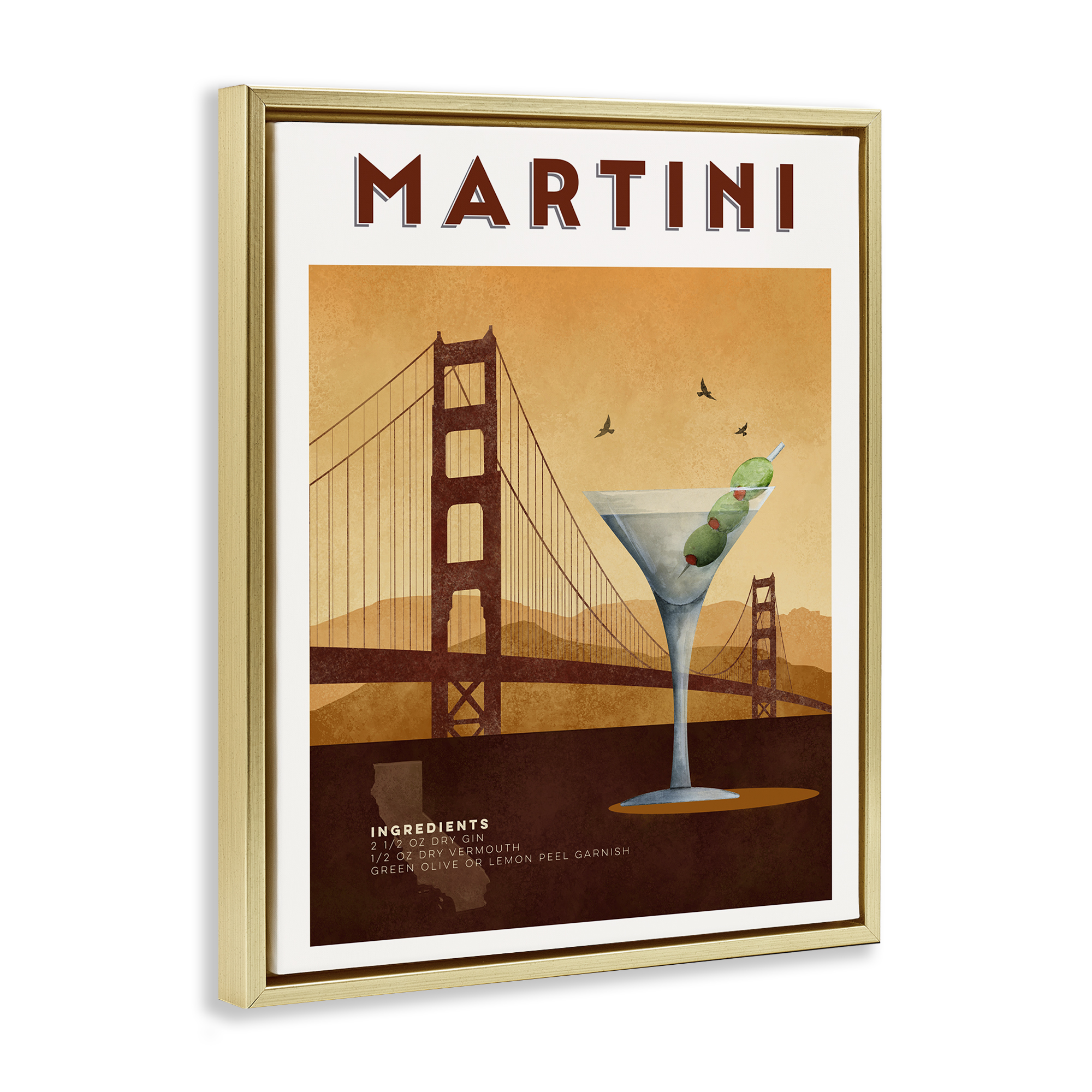 Retro Martini & Bridge View Gold Framed Floater Canvas Wall Art, design by Brett Blumenthal