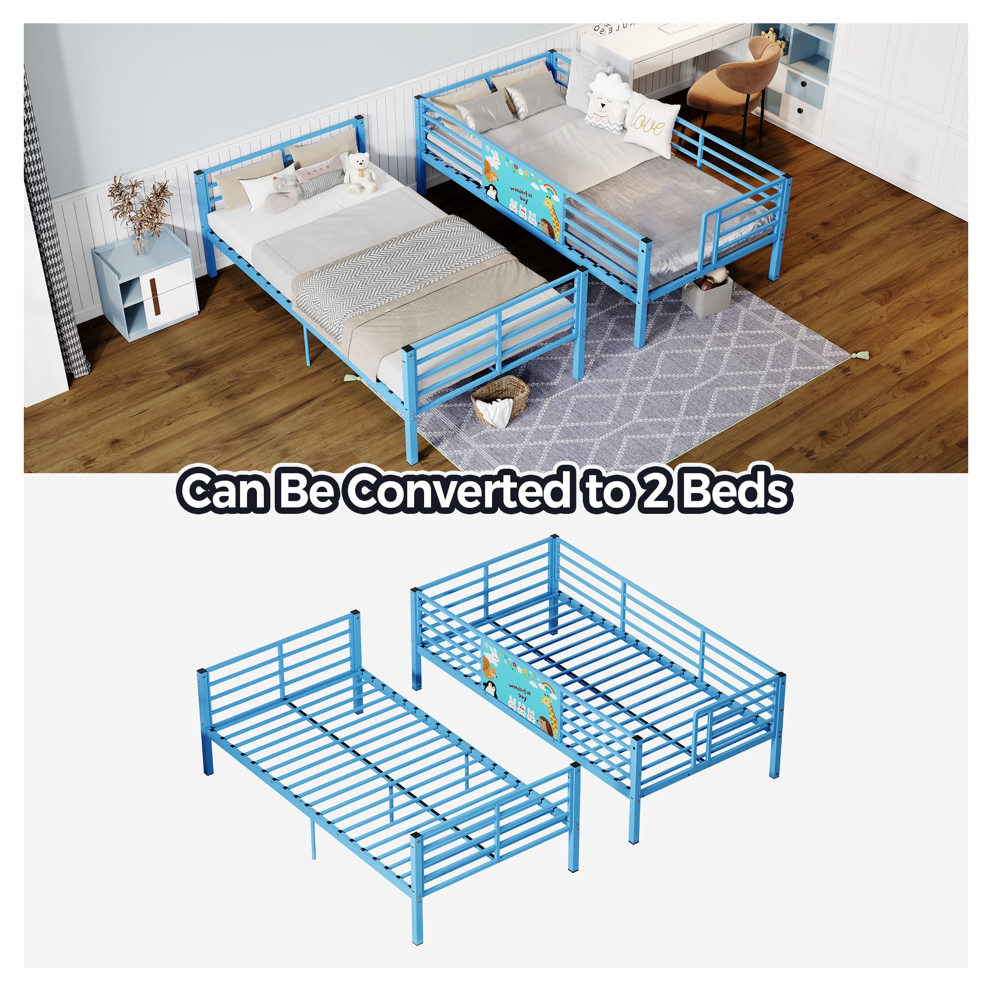 Metal Floor Bunk Bed Twin Over Twin with Ladder and Heavy Duty Slats, Space Saving Frame for Bedroom and Dorm, No Box Spring Needed, Blue