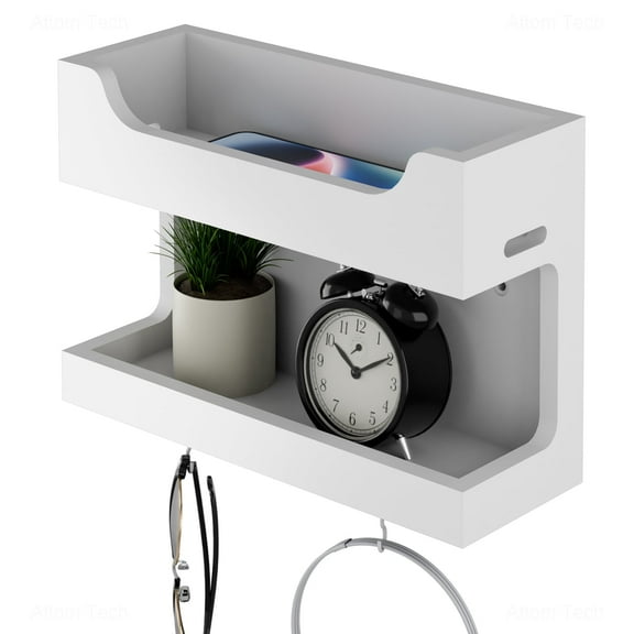 NiHome Wall Mounted Wooden Bedside Shelf Organizer, Double Tray Bedside Wall Accessories Storage with Magnetic Hooks,Bedroom Dorm RV Wall Caddy Holder for Phone Glasses Alarm Clock Remote(White)