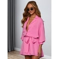 thumbnail image 6 of Women'S Collar V Neck Button Down Pleated 3/4 Sleeve Mini Shirt Dress with Belt Rose Red L, 6 of 9