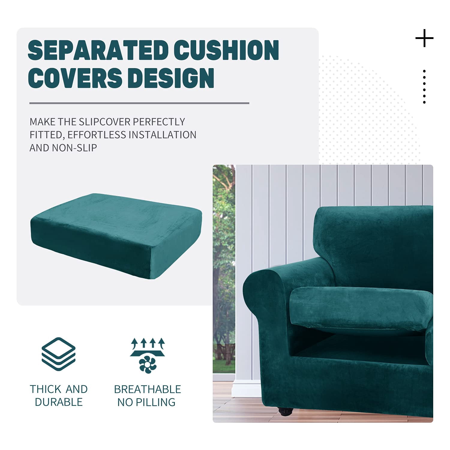 JIATER 2-Piece Armchair Sofa Cover Stretch Couch Cover Velvet Sofa Slipcover Furniture Protector with 1 Cushion Cover,Dark Green