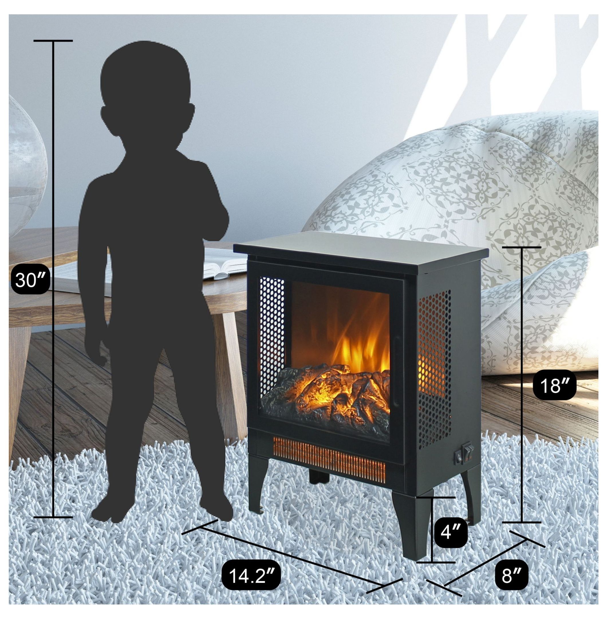 Electric Fireplace Stove, 17 Inch Freestanding Heater with 3D Flame Effect, 1400W/700W, 400 Sq Ft Heating, CSA/UL Certified, for Home & Living Room