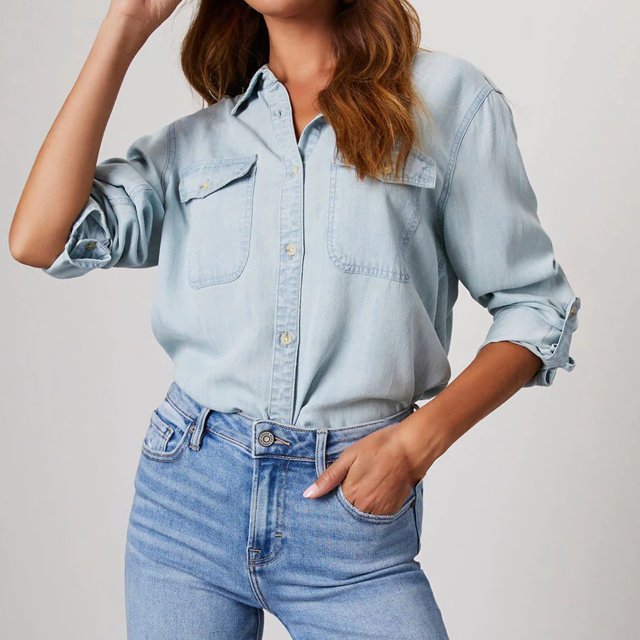 Camisa vaquera a la moda para mujer camisa vaquera con solapa Simple chaqueta holgada y cómoda con bolsillo Tops
