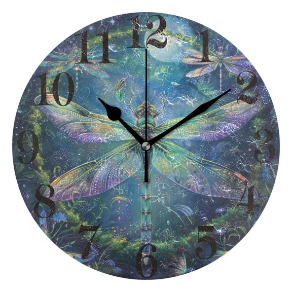 Beautiful Dragonflies Round Wall Clock Battery Operated Silent Non-Ticking Bedroom Office Kitchen Home School Decor 10"(Black)