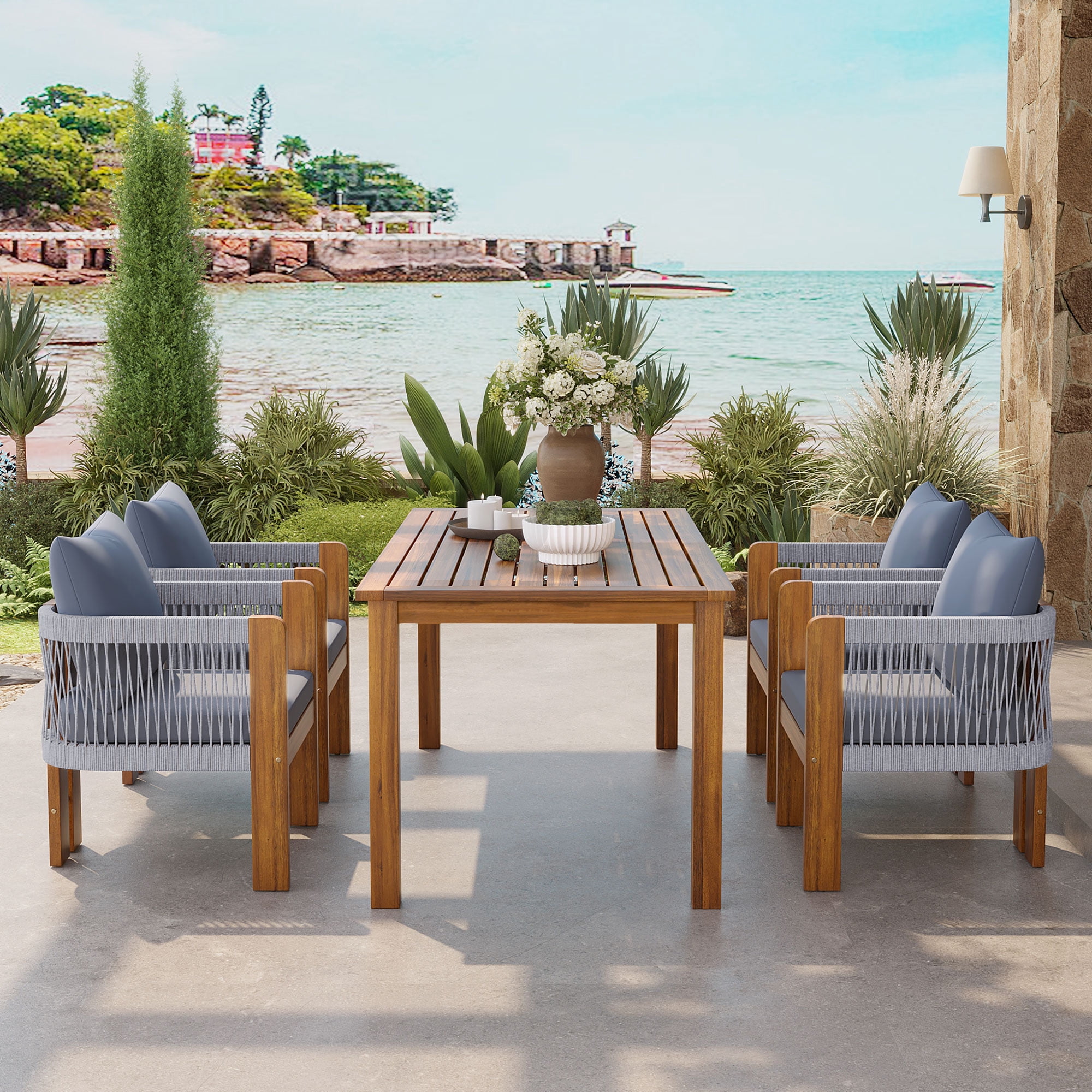 Mintazer 63" 5-Piece Outdoor Dining Set with Rope Woven High Back Chairs & Cushions, Farmhouse Dining Furniture Set for Garden Backyard Poolside, Brown & Gray