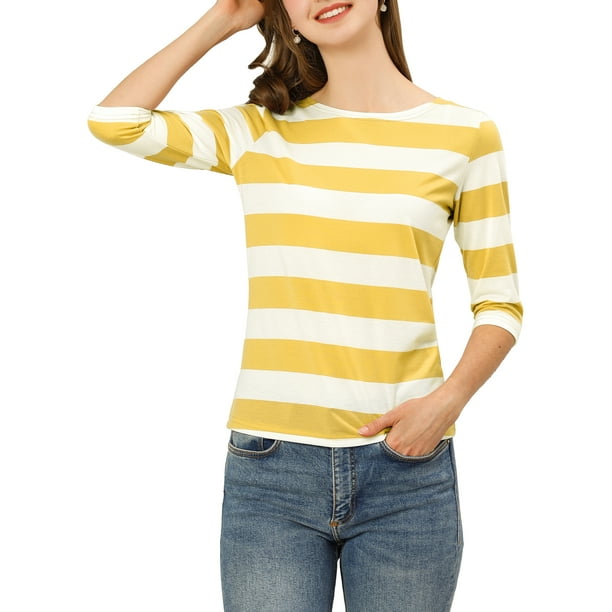 Camisetas de rayas para mujer Inspire Chic, corte ajustado, mangas de codo, cuello barco, talla S, amarillo y blanco