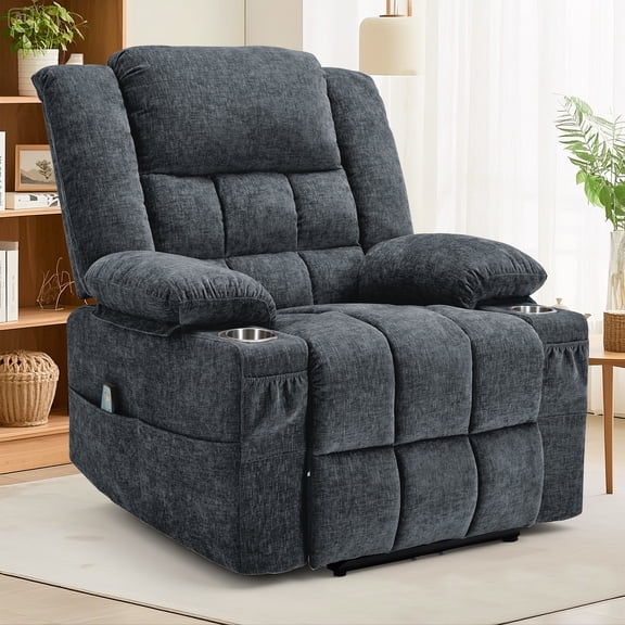 GEEYOO Recliner Chair for Adults with Massage and Heating,Zero-Gravity Recliners with Cup Holders & Side Pockets Electric Power Recliner Chair for Living Room,Chenille,Dark Grey