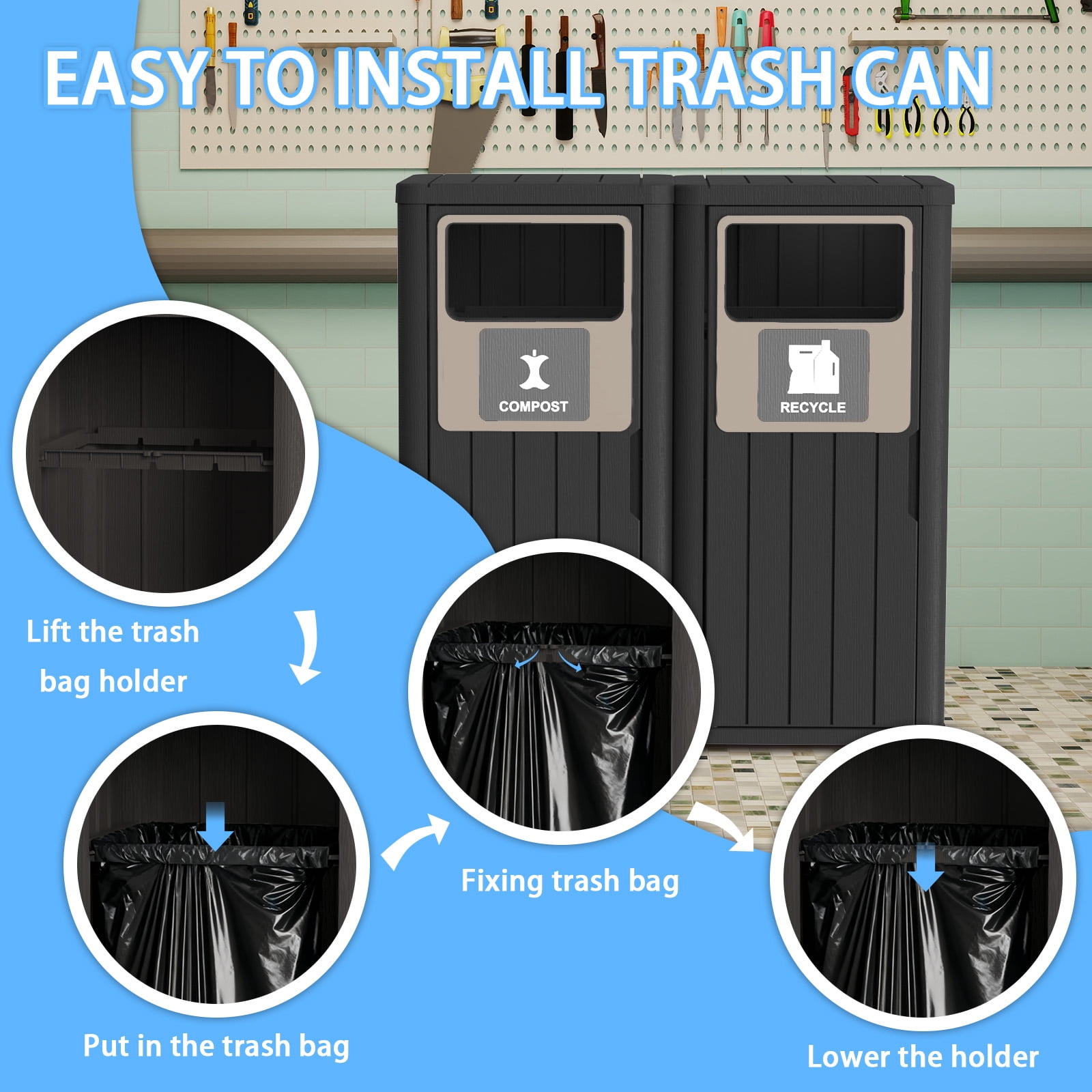MAYEERTY 2x80L Outdoor Dual-Bucket Sorting Waste Bin (Compost & Recycle), Weather-Resistant Trash Can for Patio Yard Garden
