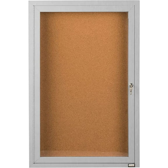 Aarco Products 36"x24" 1-Door Indoor Shatter Resistant Enclosed Bulletin Board with Natural Cork, Aluminum Frame with Lock
