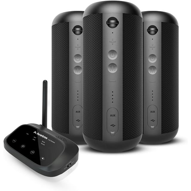 Avantree Harmony - Wireless Speaker System for Multiple Rooms & Outdoor Party, 1 Transmitter & 3 Portable Bluetooth Speakers with Separate Volume Controls, Scalable to 100 Multi Speakers