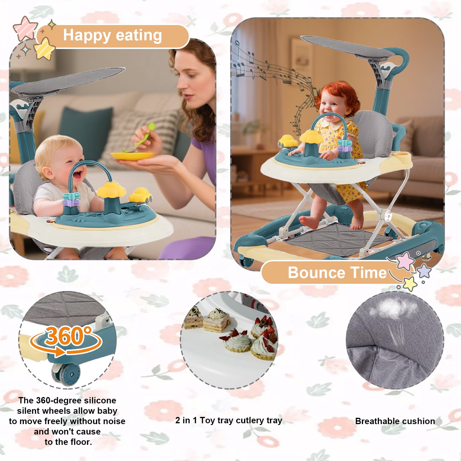 MINGYI 5-in-1 Baby  Walker, Foldable, Height Adjustable, Quiet Wheels, Easy Clean, Green, Suitable for Boys and Girls