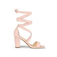 thumbnail image 3 of BLISSFUL STEP Outfit Women's Sandals Solid Color Mid Block Heels Lace up Sandals Pink 9, 3 of 8