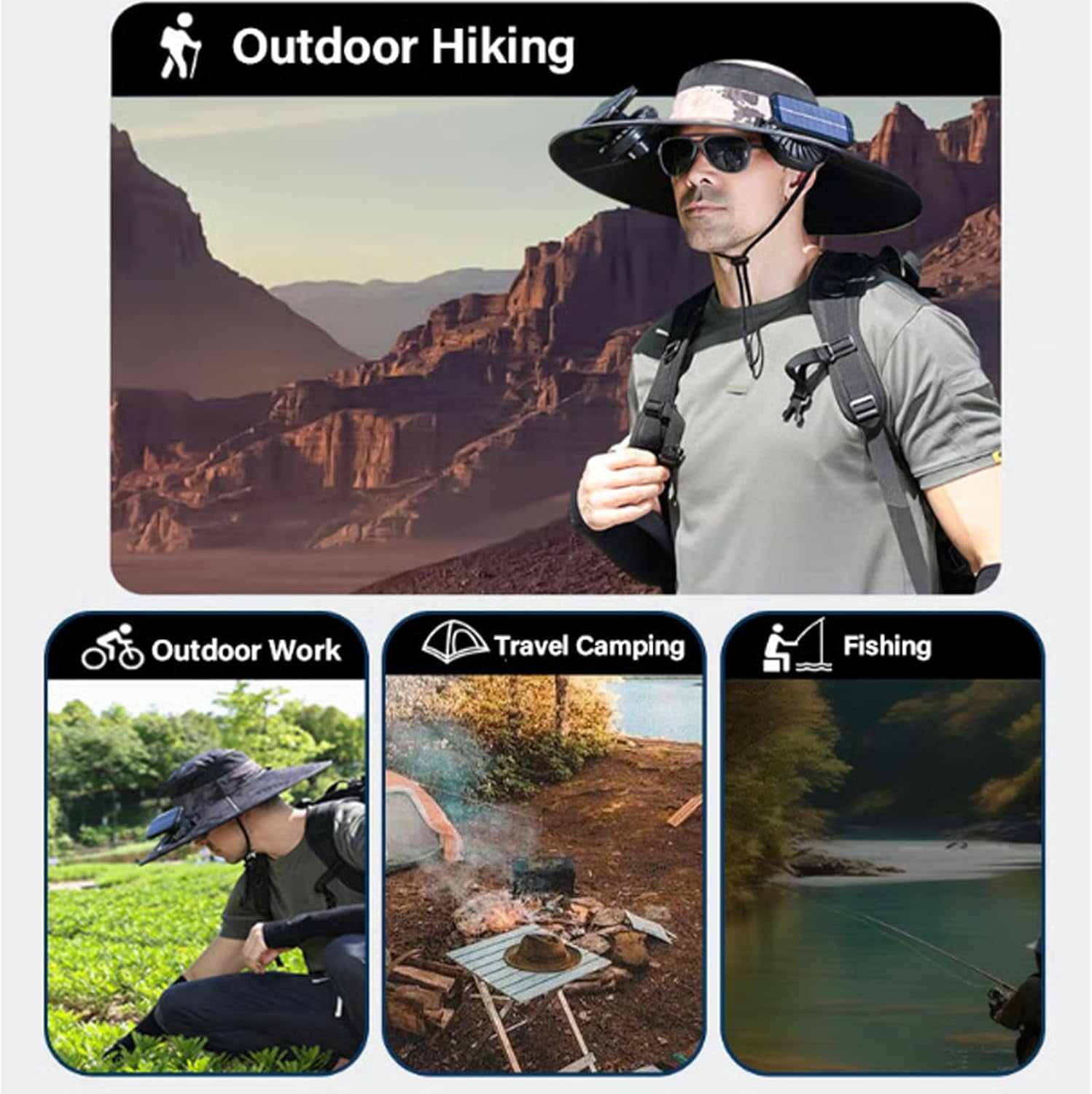 2025 Upgraded Solar Mist Fan Wide Brim Hat, Hat with Fans Solar Power, Built in USB Charging Fan for Outdoor Fishing
