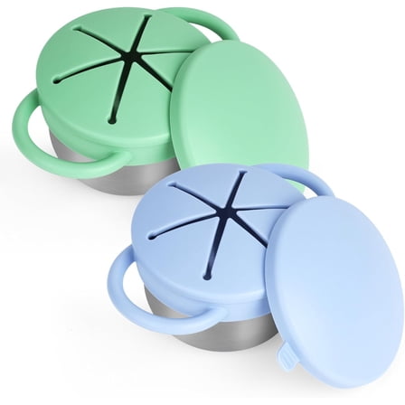 CZQ 2 Pack Detachable Stainless Steel Toddler Snack Cups with Silicone Lids & Handles ，Dishwasher Safe Baby Snack Containers for Mess-Free Snacking (Blue and Green)